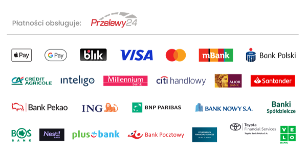 Metody platnosci: VISA, Mastercard, BLIK, Przelewy24, Apple Pay, Google Pay i inne